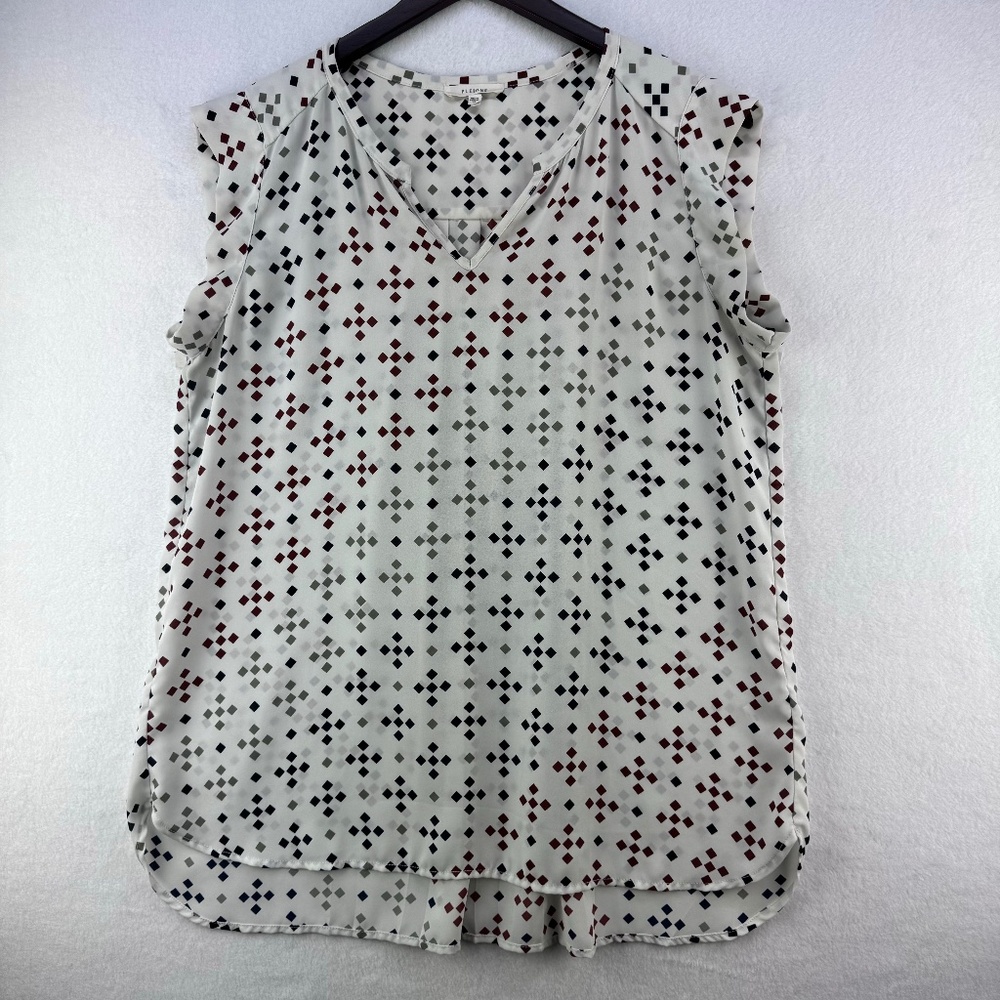 Pleione Top Women Sz M Cream blue red gray squares cap sleeves pleated back